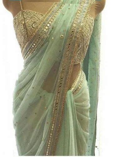 Light Pista Color Georgette With Coding Embroidered Real Mirror Work