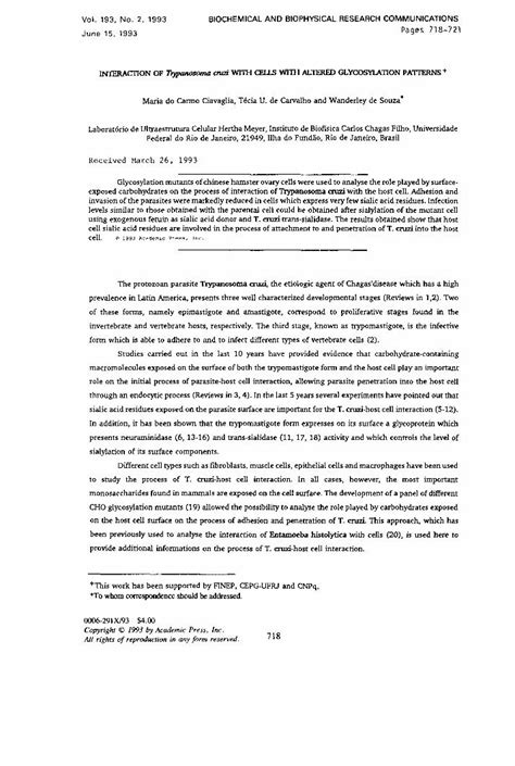 PDF Interaction Of Trypanosoma Cruzi With Cells With Altered