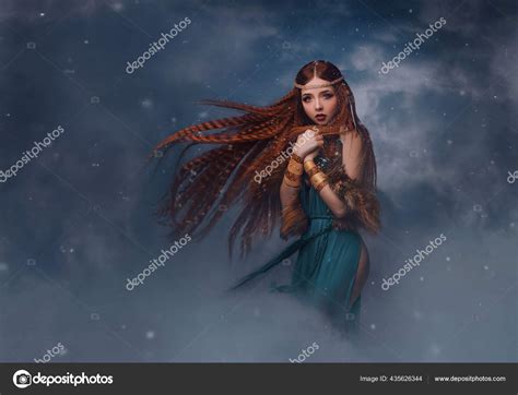 Redhead Goddess Fantasy Woman Walks In The Clouds Fashion Model Posing