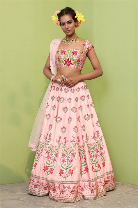 Buy Keerthi Kadire Peach Raw Silk Embroidered Lehenga Set Online Aza