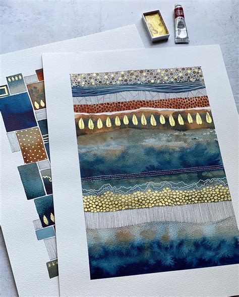 A Gicl E Print Blue Brown Gold Stripe Watercolour Art Etsy