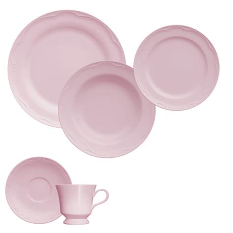 Jogo de Jantar e Chá Porcelana 30 Peças Pratos Rasos e Fundos Rosa