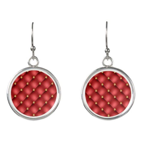 Red And Gold Diamond Tufted Leather Texture Luxury Earrings Luxury