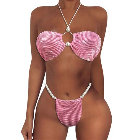 Kcodviy Women S Mesh Pearl Flash Diamond Binding Neck Bikini Two Piece