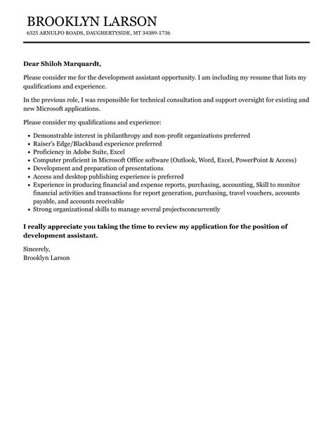 Development Assistant Cover Letter Velvet Jobs