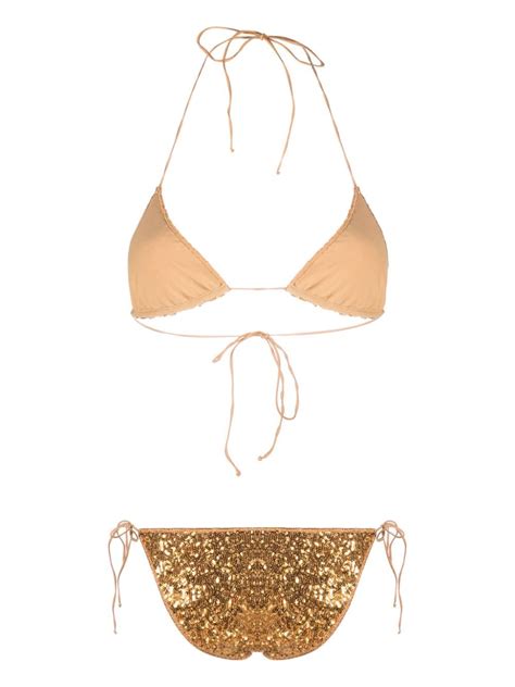 Os Ree Sequin Embellished Triangle Cup Bikini Gold Farfetch