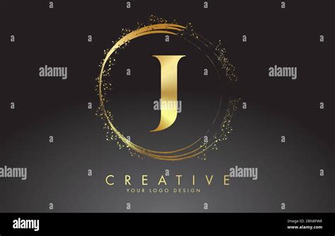 J Golden Letter Logo With Golden Sparkling Rings And Dust Glitter On A Black Background Luxury