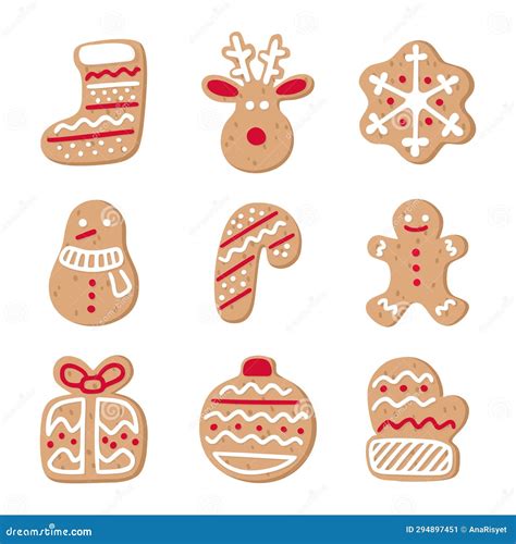 Gingerbread Christmas Cookies Collection Flat Cartoon Style Stock