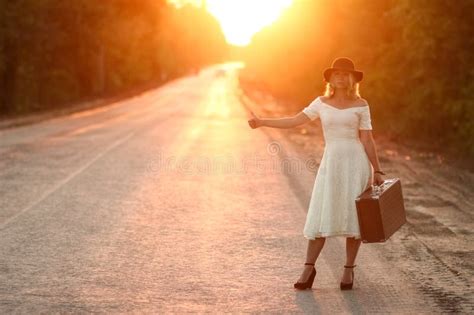 Girl With A Suitcase Hitchhiking Stock Image Image Of Vintage