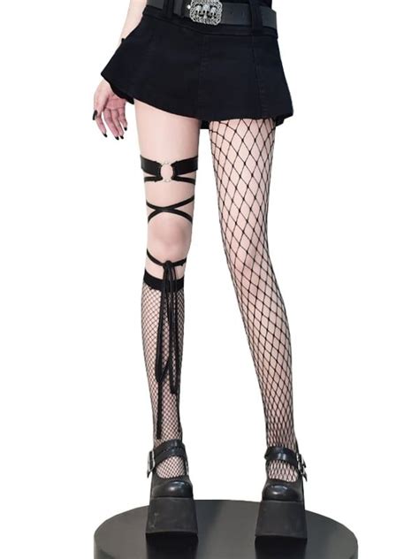 7 14 Black Asymmtrical Design Fishnet Stockings Punk Style Outfits