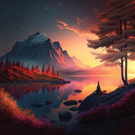 A Painting Of A Mountain Lake With A Sunset In The Background