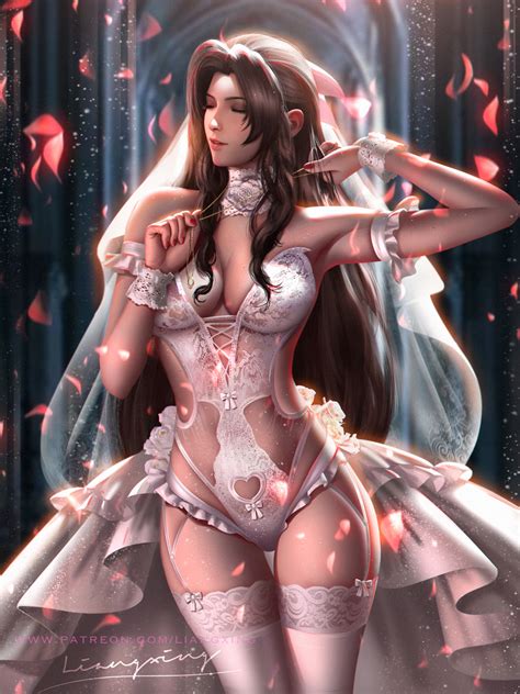 Rule 34 1girls Aerith Gainsborough Breasts Bride Brown Hair Cleavage Closed Eyes Female Female