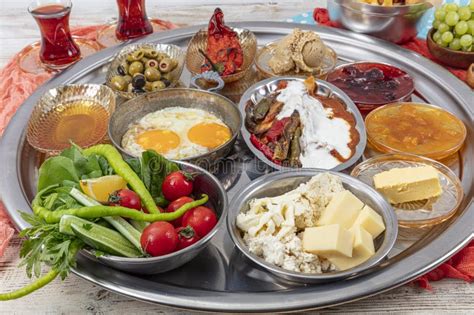 Traditional Turkish Breakfast Served With Traditional Turkish Tea On