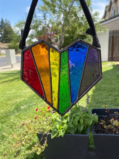 Rainbow Heart Stained Glass Suncatcher Stain Glass Etsy