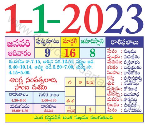 Telugu Calendar January 2023 Festivals Monthly Daily Sheets