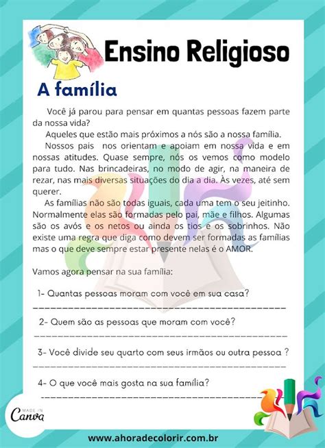 Ensino religioso A família Hora de Colorir Atividades escolares