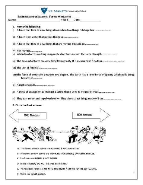 Balanced And Unbalanced Forces Worksheet Key