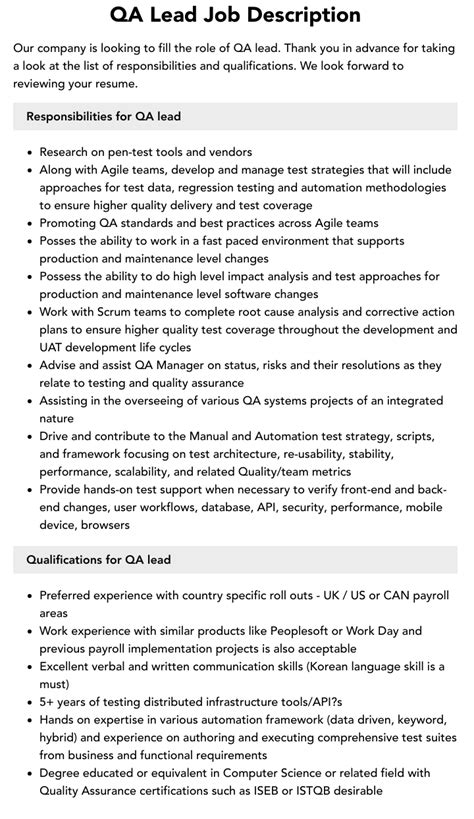 Qa Lead Job Description Velvet Jobs