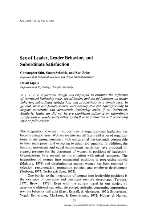 Pdf Sex Of Leader Leader Behavior And Subordinate Satisfaction