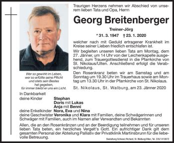 Traueranzeigen Von Georg Breitenberger Trauer Bz