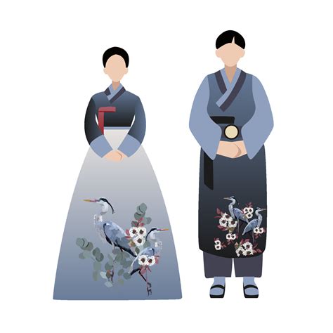 Hanbok Korean Couple Wearing Traditional Costumes Flat Vector Cartoon