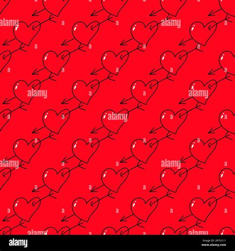 Vector Cute Hand Drawn Seamless Pattern With Red Hearts And Arrows