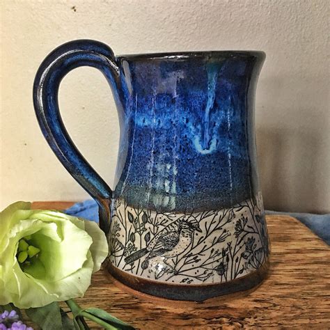 Handmade Pottery Mug With Birds Blue Mug With Dill Flowers Etsy