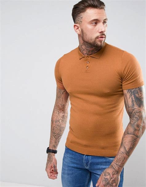 Asos Knitted Muscle Fit Polo Shirt In Tan Brown Urban Fashion Mens