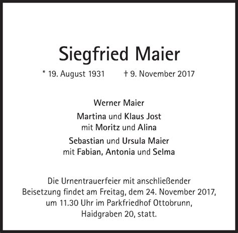 Traueranzeigen Von Siegfried Maier SZ Gedenken De