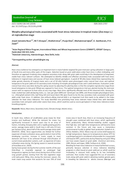 Pdf Morpho Physiological Traits Associated With Heat Stress Morpho