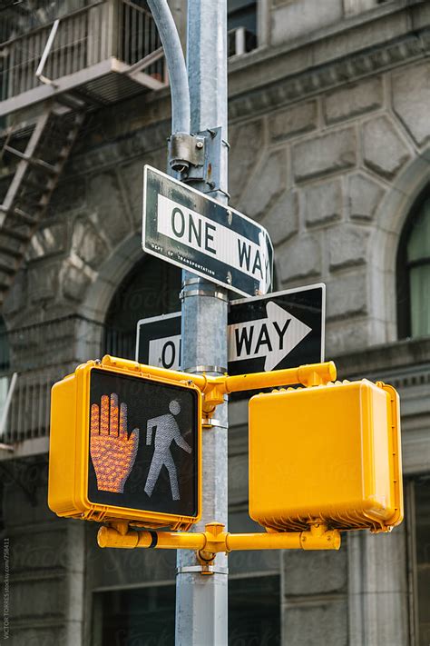 Red Hand Symbol In A Manhattan Traffic Light New York By Stocksy