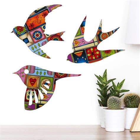 Floral Patchwork Native Bird Wall Art Set Of 3 Flying Birds In