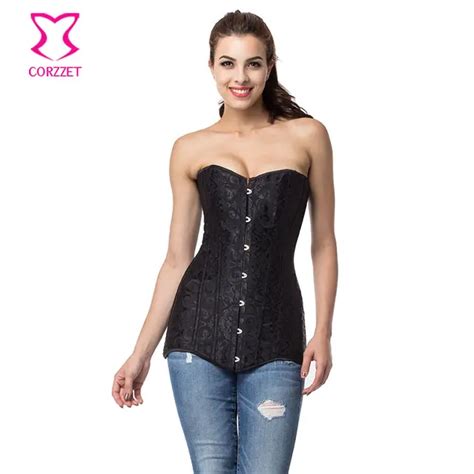 Corzzet Black Jacquard Steel Boned Overbust Long Torso Corset And