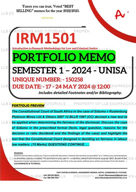 IRM1501 PORTFOLIO MEMO MAY JUNE 2024 SEMESTER 1 UNISA DUE DATE