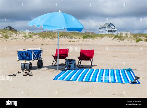 Avon Outer Banks North Carolina Usa Beach Umbrella And Chairs Stock