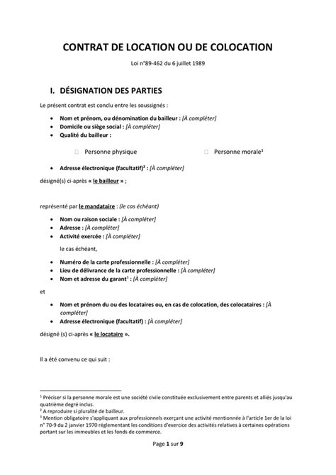 Modelé De Contrat De Location Ou De Colocation Doc Pdf Page 1 Sur 9