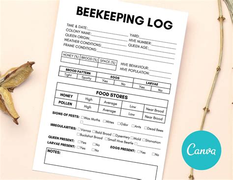 Beekeeping Log Book Template Beekeeping Inspection Checklist Beehive Tracker Bee Keeping