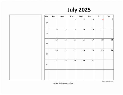 Free Download Printable July 2025 Calendar Large Box Holidays Listed Space For Notes