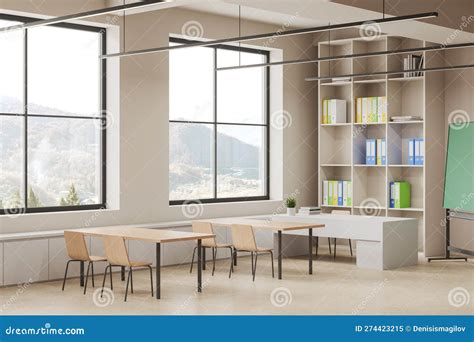 Modern Beige Classroom Interior With Desk In Row And Shelf Near Window Stock Illustration