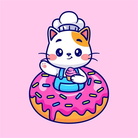 Cute Cat Chef Holding Cup Cake In Donut Cartoon 48449925 Vector Art At