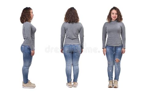 Front Back Side View Of Full Portrait Of A Pregnant Same Woman Standing And With Casual