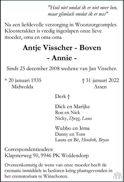 Antje Annie Visscher Boven 31 01 2022 Overlijdensbericht En