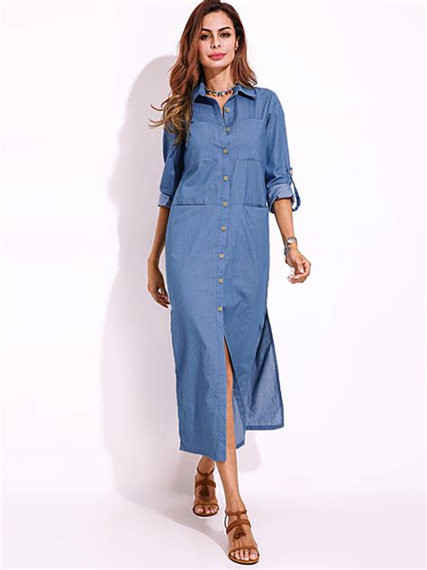 Elegant Women Turn Down Collar Long Sleeve Button Down Denim Shirt