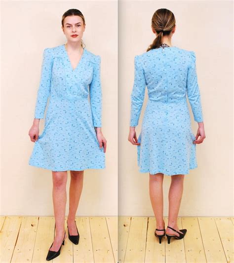 S S Baby Blue Long Sleeve Jersey Print Dress Gem