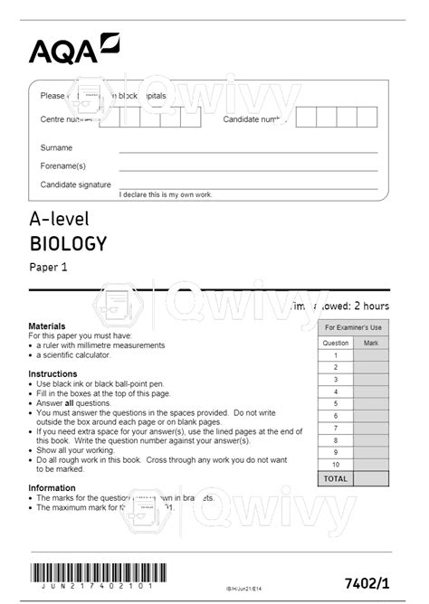 Aqa A Level Biology 2021 Paper 1 Question Paper