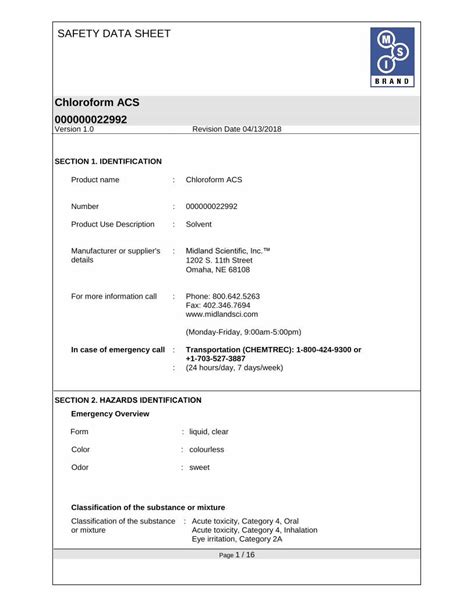 Pdf Safety Data Sheet Midland Scientific C0015 4l Pdfsafety Data Sheet Chloroform Acs