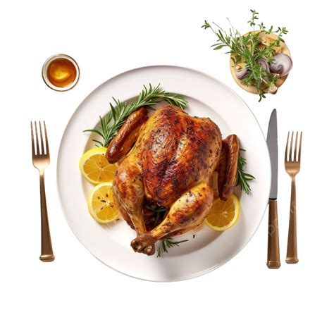 Top View Of Thanksgiving Roasted Chicken On Plate With Cutlery Food Flat Lay Food Top Food