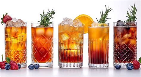 Glasses Of Various Alcoholic Cocktails With Ice Cubes And Dressing On