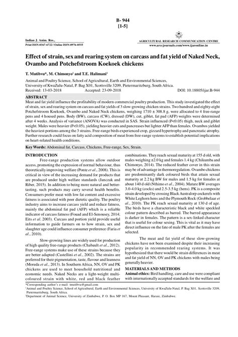 Pdf Effect Of Strain Sex And Rearing System On Carcass And Fat Yield Of Naked Neck Ovambo