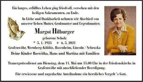 Traueranzeige Margot Hilburger Grafenw Hr Oberpfalzecho